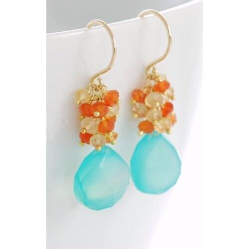 Beach Earrings, 14k Gold Gemstone Dangle Earrings, Aqua Orange Citrine Carnelian Earrings, aubepine