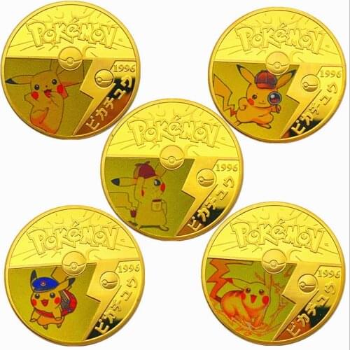 Pokemon Coins Metal Gold Plated Souvenir Gift Art Collection Physical Pikachu Coin BTC Case Antique Imitation Commemorative Toys