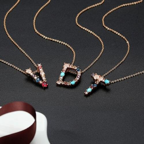 QITIS Gold Color A-Z 26 Initial Letters CZ Necklace Multicolor Zircon Rhinestone Pave Alphabet Pendant Fashion Name Jewelry Gift