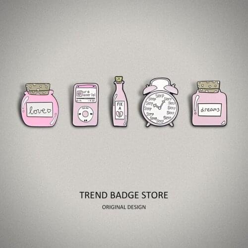 Cartoon Fashion Pink Series Creative Love Dream Bottle Alarm Clock Combination Lovely Brooch Enamel Label Pins Badge
