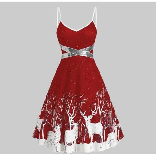 Christmas Women Elk Print Spaghetti Straps Sleeveless Large Hem Dress Womens Clothing платье женское Vestidos