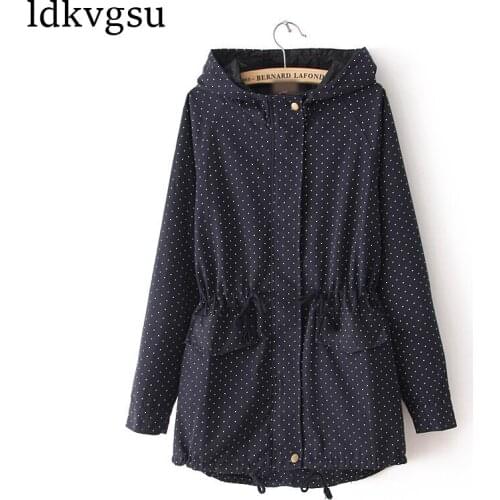 2020 Spring Autumn Trench Coats Women Cute Polka Dots Hooded Drawstring Trench Abrigos Chaquetas Windbreaker Outerwear Coat V329