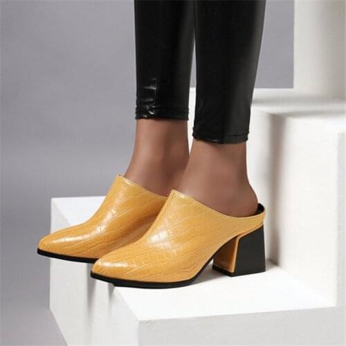 PXELENA Fashion Shoes Women Slides Block Chunky High Heels Slip On Pointed Toe Mules Slippers Lady 2020 Summer Plus Size 34-43