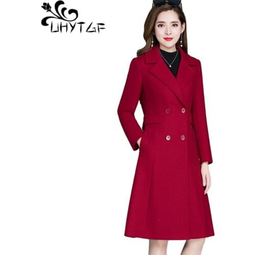 UHYTGF New Genuine Winter Wool Coat Fashion Double Breasted Elegant Womens Jacket Mid-Length Lapel Slim Plus Size Outerwear 1208