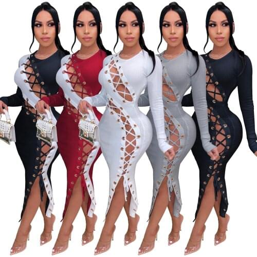 Knitted Grommet Lace Up Hollow Out Sexy Bodycon Maxi Dress Sexy Club Party Ribbed Highly Stretchy Long Sleeve Long Dresses