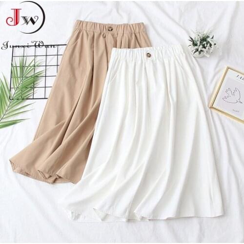 Women Summer Cotton Skirts Solid Black White Casual Elastic Waist Elegant Office A-Line Midi Skirts Korean Fashion Jupe Femme