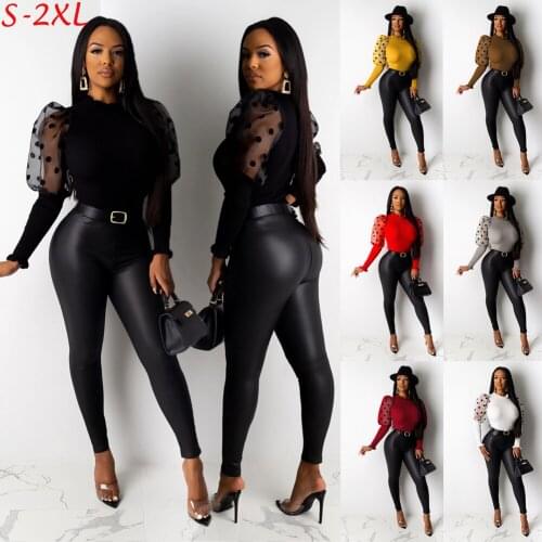 Women High Collar Frill Mesh Sleeve Patchwork Knit Shirts Tops Slim Fit Top Fashion Puff Sleeve Polka Dot Tops