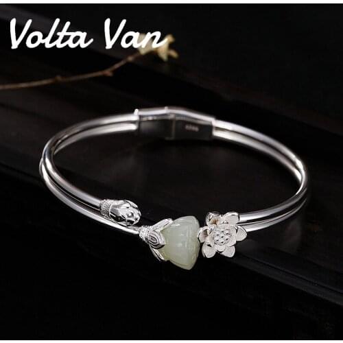 Volta Van 925 Sterling Silver Bangles Fine Jewelry Nature Jade Vintage 2021 New Elegant Lotus Flower Women Silver Bracelet