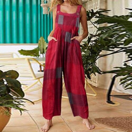 Women Cotton Jumpsuit Rompers Casual Loose Wide Leg Overalls Strap Bib Pants Long Rompers Plus Size Imitation Cotton Linen Pants