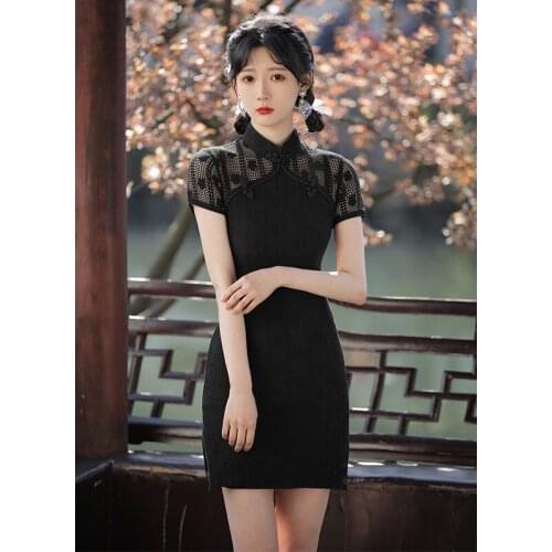 2Colors Oriental Women Traditional Cheongsam Embroidery Lace Hollow Out Design Improved Ethnic Style Modern Weding Party Dress