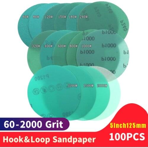 100PCS 125mm Green PET Film Disc Grit 60 to 2000 Waterproof Sandpaper Hook & Loop Abrasive Tools Abrasive Disk