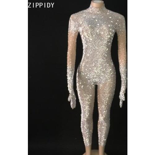 2021 Silver Rhinestone Gloves Jumpsuit Transparent Bodysuit Pants Evening Dance Costume Birthday Celebrate Mesh Outfit