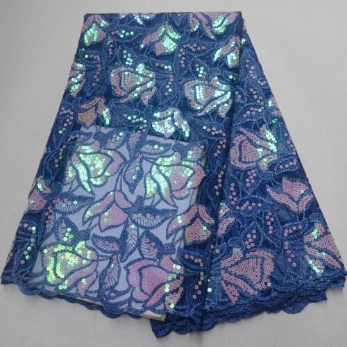 5yards/pc) High quality African sequins tulle lace royal blue French net lace fabric with embroidery for party dress FLP996