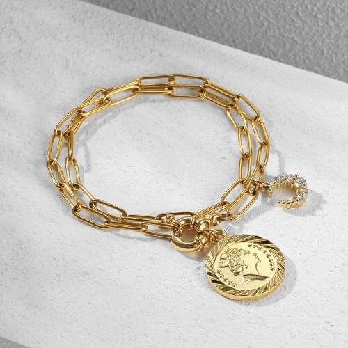 Womens Girls Gold Color Double Layered Paperclip Chain Bracelet CZ Moon Round Elizabeth Queen Charms Female Jewelry HDB308
