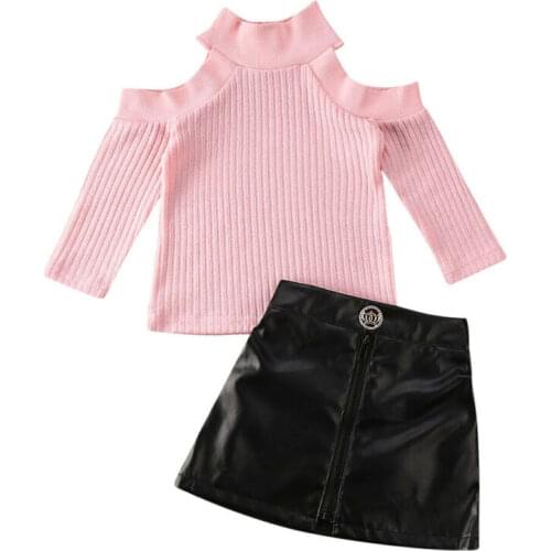 1-5Y Infant Baby Girls Long Sleeve Off Shoulder Pullover Sweater Kid Knit Tops Girl PU Skirt Children Outfit Kids Clothes Sets