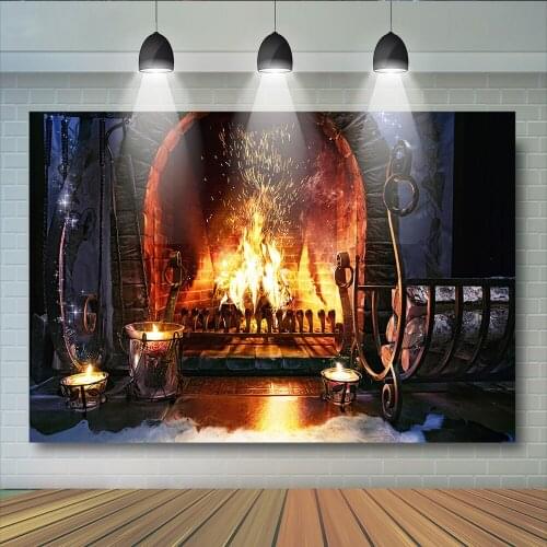 Christmas Fireplace Snow Background For Photography Wooden Street Light Backdrop For Photo Booth Children Christmas Backgrounds