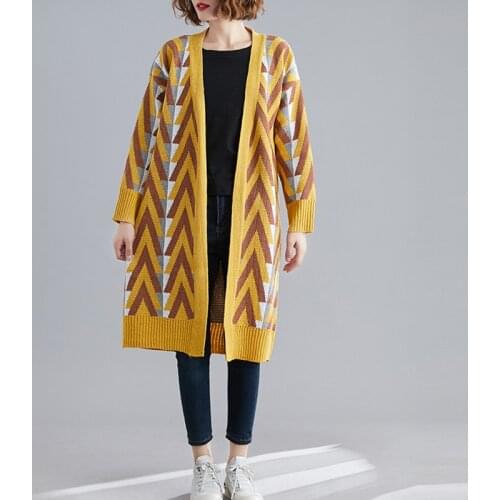Autumn Casual Fashion New Print Plaid Cardigan Woman Long Sleeve Sweaters Coat V-neck Soft Long Loose Knitted Cardigan 2021