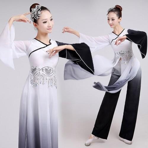 Long Sleeve Women Yanko Dancer Wear Classic National Dancing Costume 3 Pcs Balck White Fan Umbrella Satage Dance Costume 16