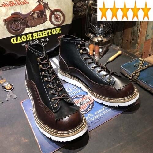 Cowboy American Handmade Vintage Carved Tassel Platform Genuine Leather High-Top Motorcycle Shoes Mens Autumn Ankle Boots