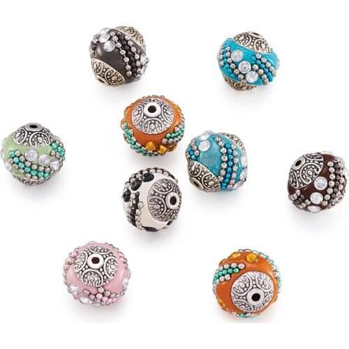 10pcs Round Handmade Indonesia Tibetan Beads with Rhinestones Alloy Clay Vintage Loose Beads for DIY Bracelet Jewelry Making