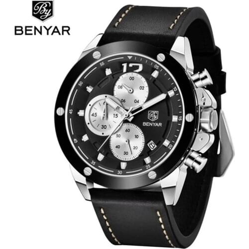 2021 Benyar Top Brand Luxury Military Sports Watch Mens Leather Waterproof Quartz Watch Multi-function Chronograph Montre Homme