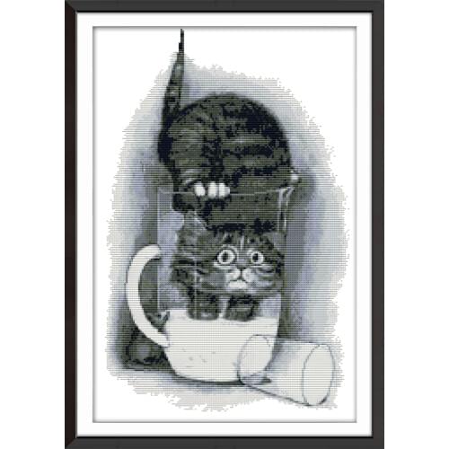 NKF Greedy Cat Stamped Cross Stitch Patterns DIY Kits 14CT11CT Chinese Needlework Embroidery Sets for Home Decor