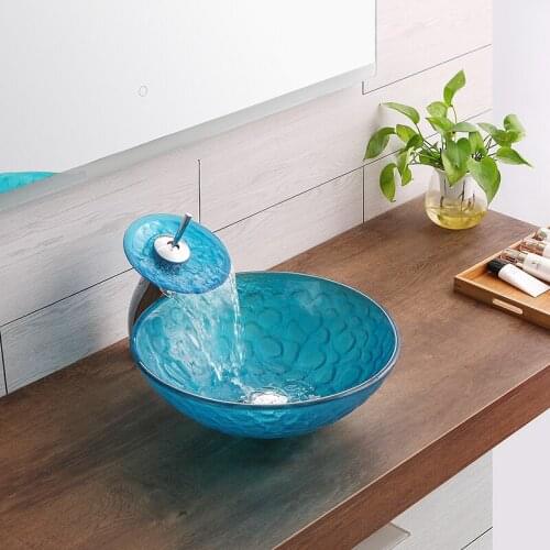 Blue Transparent Glass Bathroom Washbasin Brass Faucet Set Round Shape Washroom Bathroom Accessories Basin Vessel Vanity