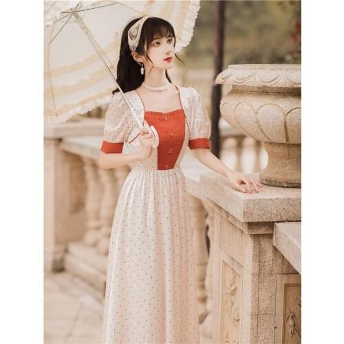 2020 new fashion womens clothing Square Collar Puff Sleeve Dot Vintage dresses women dress