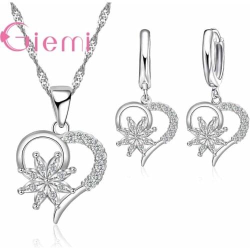 925 Sterling Silver Romantic Cute Flower Pattern Austrian Crystal Stone Necklace Earrings Ceremony Party Jewelry Set