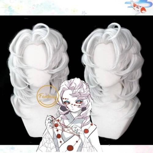 Demon Slayer Kimetsu No Yaiba Ayaki Rui Cosplay Wig Spider Silver Long Straight Synthetic Hair for Adult Halloween+ Free Wig Cap