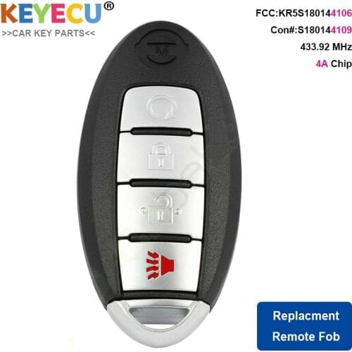 KEYECU Smart Remote Car Key for Nissan Rogue 2017 2018, FOB 4 Buttons - 433.92MHz - Continental NR: S180144109 - KR5S180144106