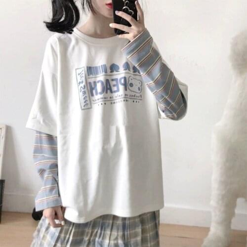 QWEEK Patchwork Kawaii T-shirts Cute Anime Print Graphic Tees 2021 Japan Style Soft Girl Oversize Long Sleeve Womens Clothing