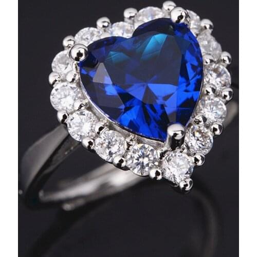 Luxury heart sapphire gemstones diamond rings for women 18k white gold silver color jewelry blue crystal bijoux bague party gift