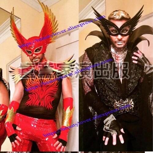 Sexy flame baron costume strong men black red Caster bar gogo muscle man stage show clothing