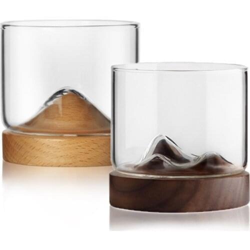 Mountain Whiskey Glass with Wooden Base Creative Beer Wine Water Tea Cup Set Bar Drinkware Accessories