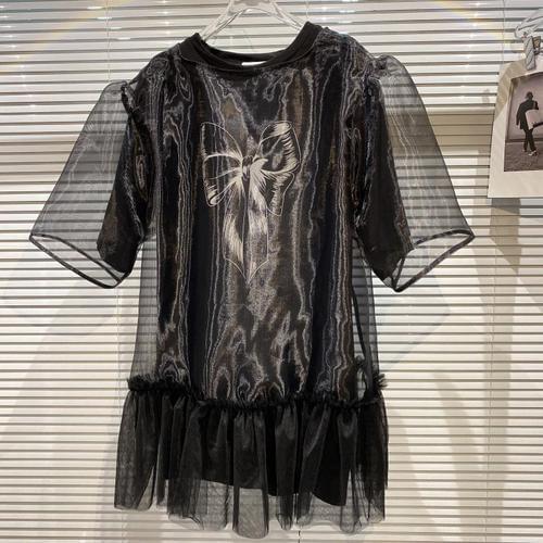 Loose Dress for Women 2021 Summer New Transparent Mesh Puff Sleeve Bow Printed Short Sleeve Dresses Two-Piece Female Casual