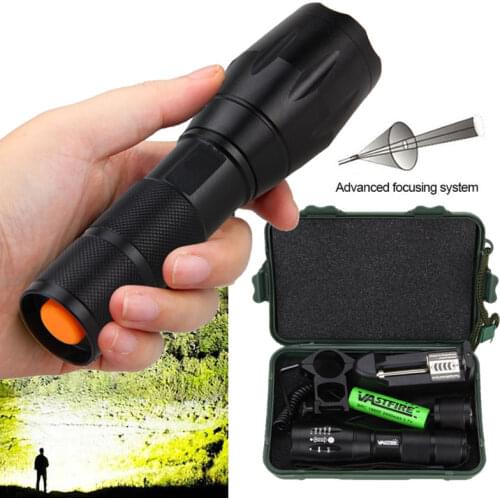 T6 Tactical 6000lm Zoomable Hunting Flashlight White LED Weapon Light+Rifle Gun Mount+18650 Battery+Pressure Switch+Charger+Box