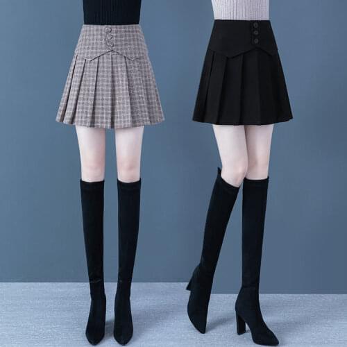 Wool plaid skirt spring and autumn pleated skirt womens 2021 fashion high waist A-line skirt anti-running skirt sexy miniskirt