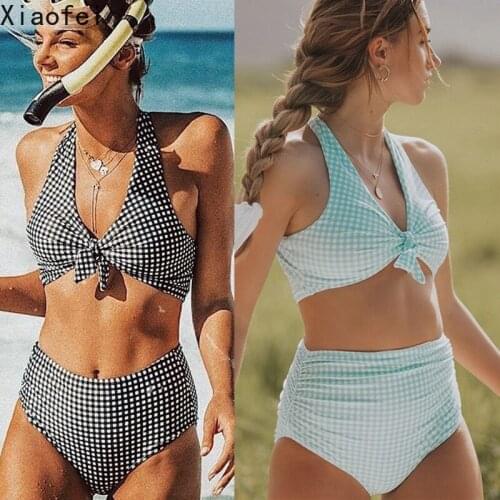 Women High Waisted Bikini Set Halter Bow Swimsuit Bathing Suit Swimwear Black and White Grid Print Beachwear