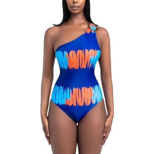 Women Digital Print One-piece Swimsuit, Off-shoulder Low-cut Backless Swimwear for Summer