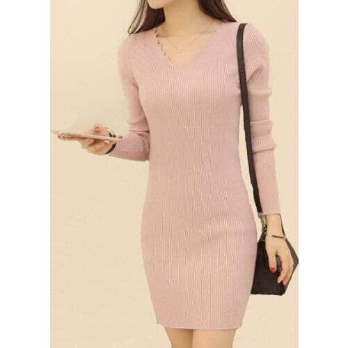 Wave V Neck Sweaters Womens New Fashion Solid Color Jumper Slim Knitted Pullovers Elastic Bodycon Long Sleeve Sweater Dress