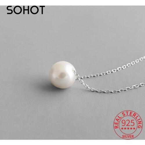 SOHOT 100% 925 Sterling Silver Round Pearl Dangle Women Pendant Necklace Korean Design Chic Female Party Fine Jewelry Bijoux