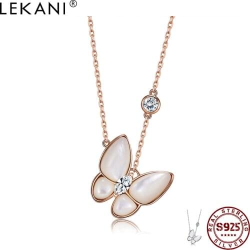 LEKANI Genuine 925 Sterling Silver Flying Butterfly Pendant Necklace With Cubic Zircon And Ceramic Handmade Female Fine Jewelry