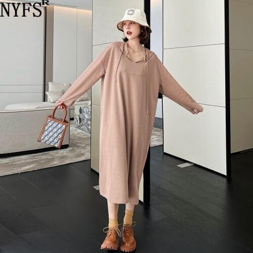 NYFS 2021 Korean New Autumn Dress Loose Woman Dress Vestidos Robe femme Elbise Fashion Cotton Hooded Thin Dress