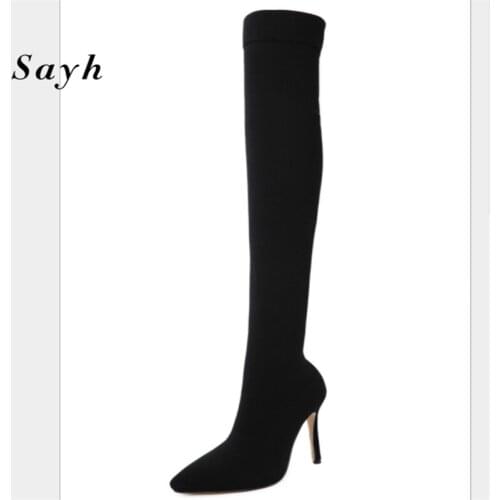 Winter Shoes Woman Boots Over Knee High Boots Lady Black Pointy Toe Stiletto Heel High-Heel Sock Boots Stretch Boots