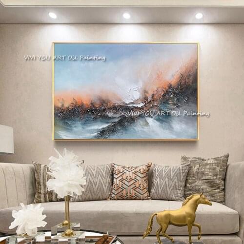 100% Hand painted Abstract Blue Orange Ocean Oil Painting Wall Art for Living Room Office Home Decoration Painting Canvas Gift