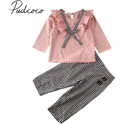 2020 Baby Spring Autumn Clothing Toddler Kid Baby Girl Ruffle Long Sleeve Tops T-shirt Plaids Pants Leggings 2Pcs Outfit Clothes