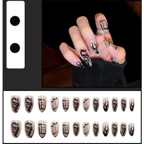 24pcs/Set Punk Stiletto False Nails Short Black Dragon Fire Pattern Girls Fingernail Decoration Fake Nails Manicure Full Tips
