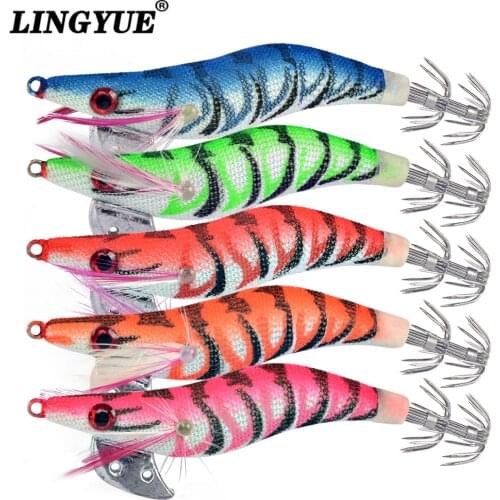 5pcs 7g/8cm Luminous Squid Jig Fishing Wood Shrimp Lure Squid Cuttlefish Jigs Lures Spinnerbait Wood Shrimp with 2.0# Hook