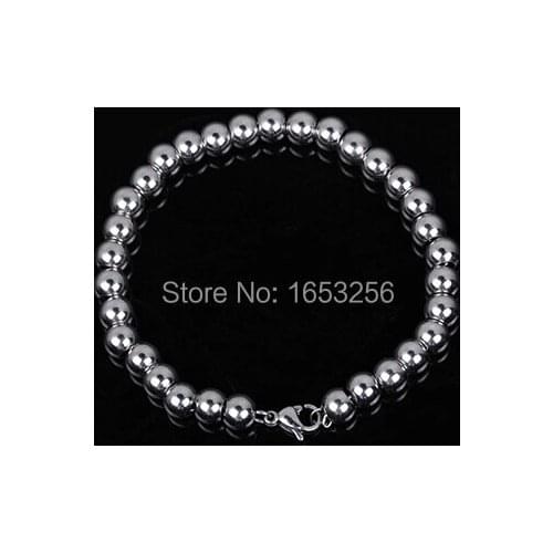 6mm 8.5'' Round Solid ball beads Chain handmade Bracelet stainless steel Shiny Jewelry bling Women Men Gifts